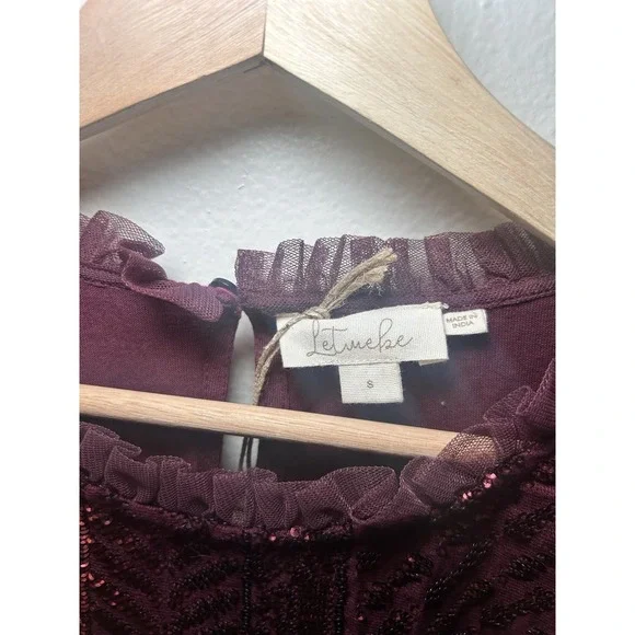 Anthropologie Women's Let Me Be Sequined Embroidered Top Burgundy NWT - Picture 6 of 9